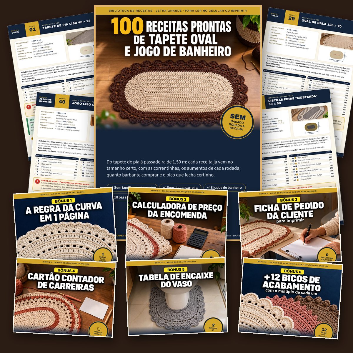 Livro 100 Receitas Prontas de Tapete Oval e Jogo de Banheiro, páginas internas e os 6 bônus